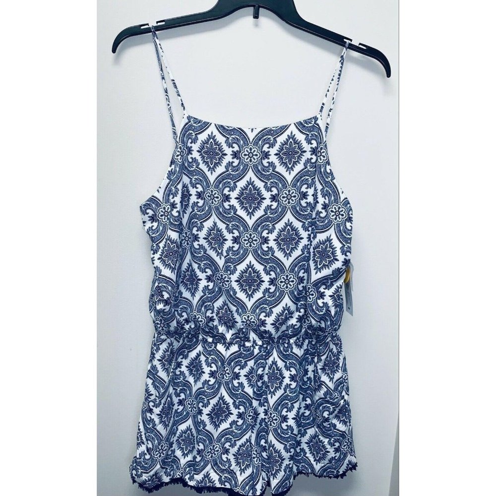 Women's Navy and White Printed Romper - Sleeveless Spaghetti Strap Size 12